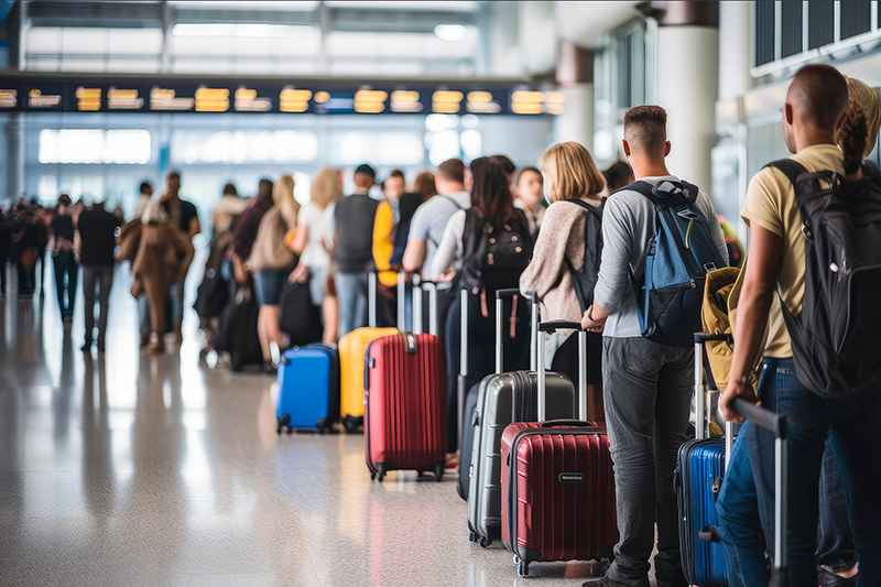 Passagerare i kö på en flygplats.