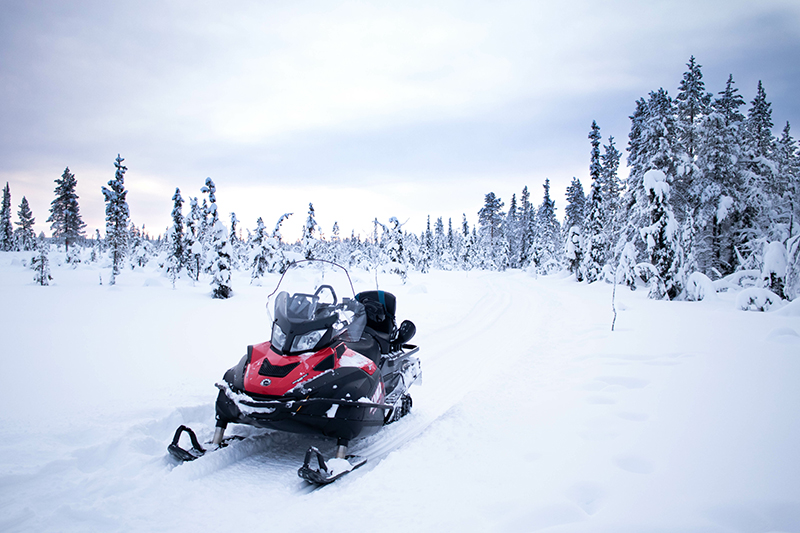 Snöskoter i vinterlandskap.