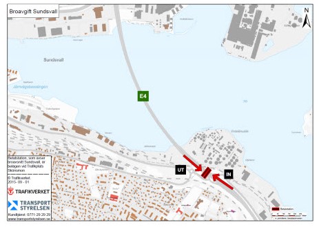 Översiktskarta över betalstationernas placering vid Sundsvallsbron, klicka för att få en större version (pdf)