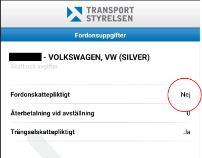 Bild som visar hur felaktig uppgift visas i appen Mina fordon