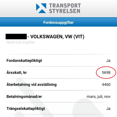 Skärmdum från Transportstyrelsens app "Mina fordon" Skärmdum från Transportstyrelsens app "Mina fordon"