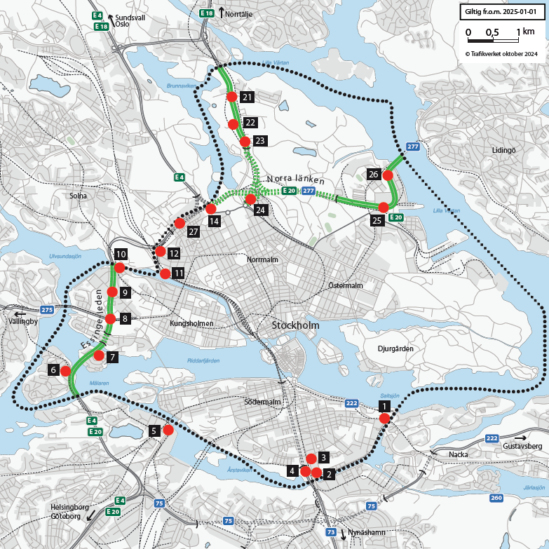 Karta med betalstationernas placering i Stockholm