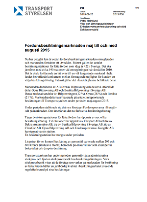 Fordonsbesiktningsmarknaden maj till och med augusti 2015