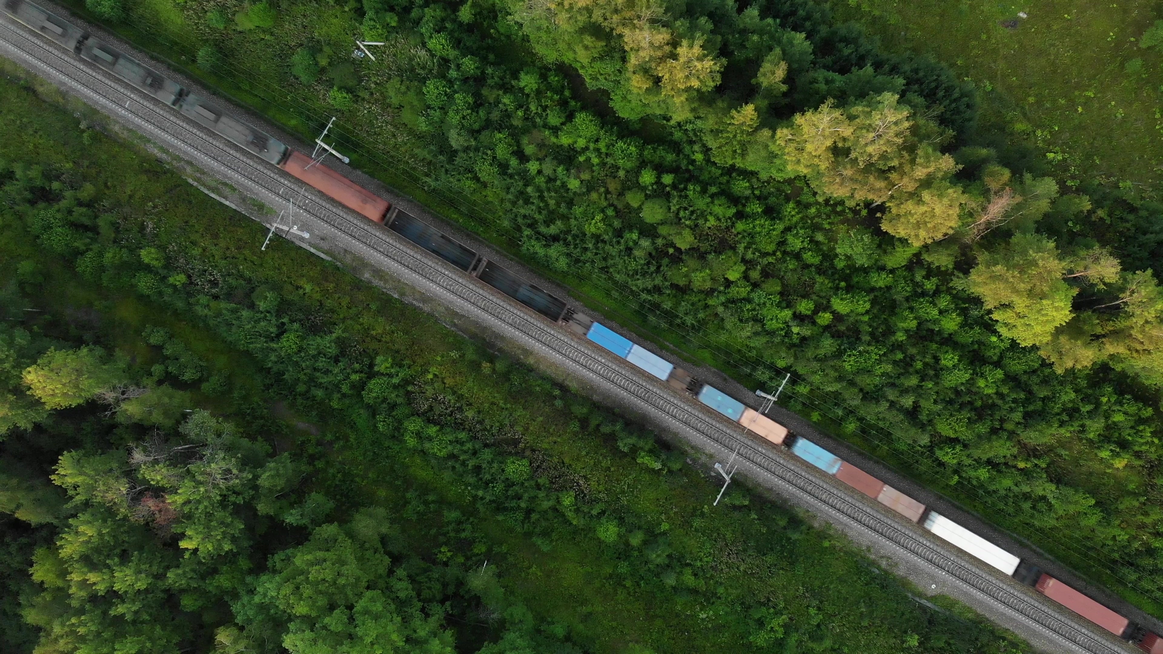 Godsvagnar kör på ett spår genom skog sett från ovan